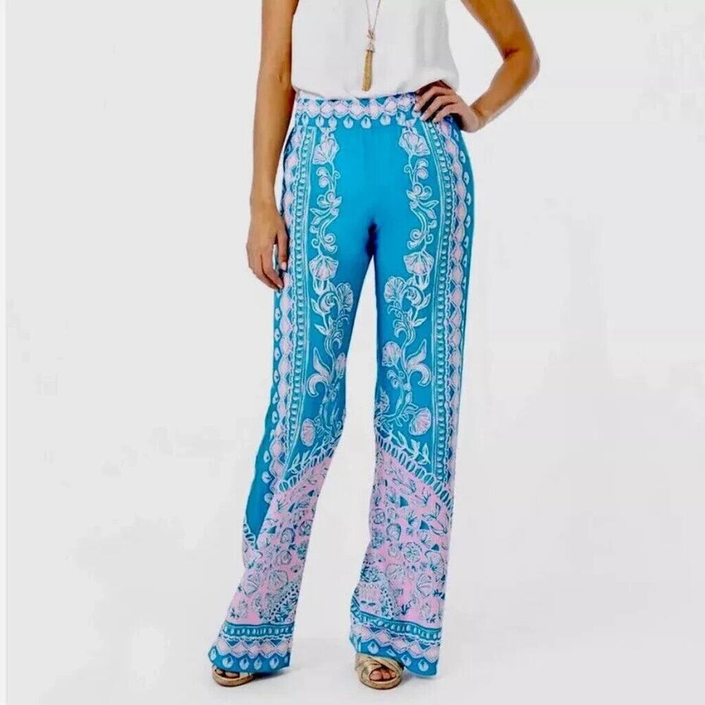 Lilly Pulitzer Women's Waterya Waiting For Teal Bal Harbour Palazzo Pants Size L